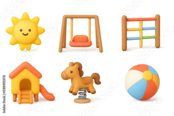 Obraz Cute playground toys set featuring colorful 3d icons of play equipment and smiling sun
