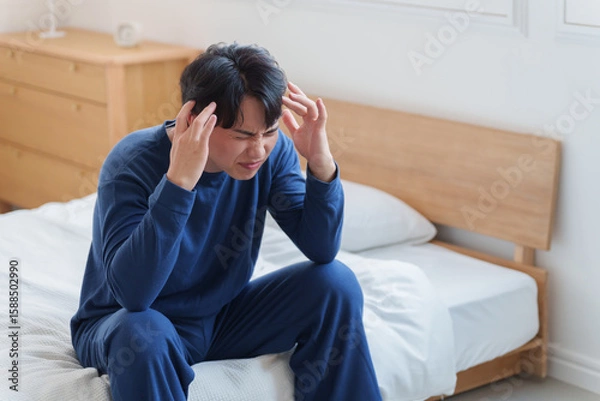 Fototapeta ベッドで落ち込む男性