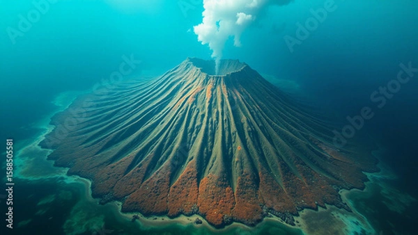Obraz Underwater Volcano (16:9), a conical seamount rising from a deep plain with coral-covered slopes, cinematic lighting