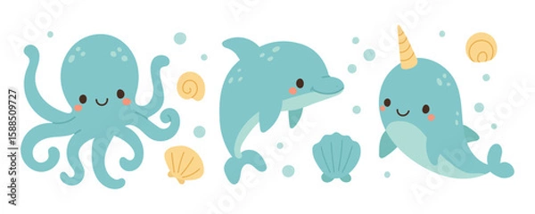 Fototapeta Joyful narwhal, dolphin, and octopus swim through floating shells and bubbles, great for aquatic fantasy illustrations, whale decor, and ocean-themed kids art.
