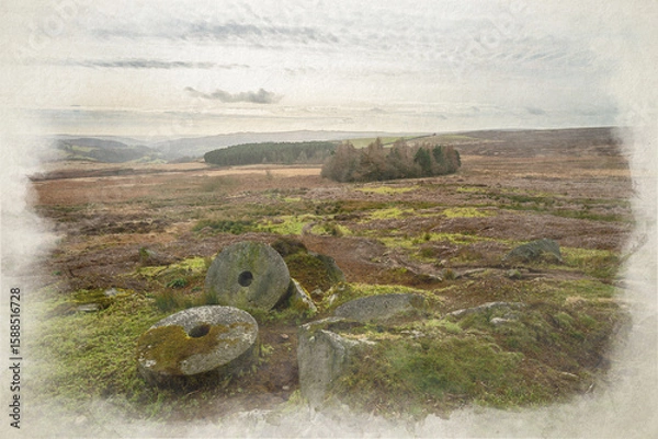 Fototapeta Digital watercolour illustration of the millstones at Stanage Edge in the Derbyshire Peak District during winter.