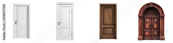 Fototapeta White door with metal handle and classic panel design, wooden door with brass handle, and ornate vintage red door with arch frame, isolated