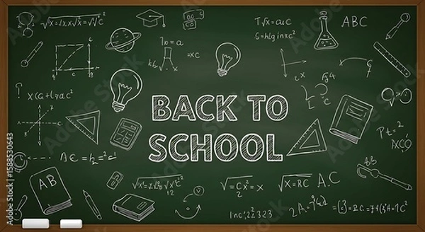 Obraz Back to school, a seamless pattern of education symbols drawn on a blackboard with chalk, featuring math formulas, science illustrations, and algebra equations