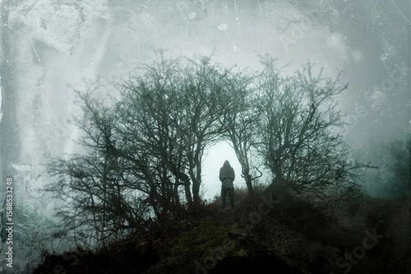 Fototapeta A spooky, hooded figure, standing under trees on a mysterious foggy winters day in the countryside. With a grunge blurred edit.