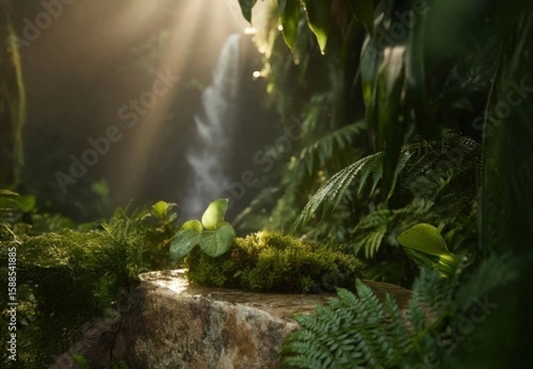 Fototapeta outdoor mockup copy space for environmentally friendly products in the forest. the pedestal made of stone and moss is real green. suitable for natural cosmetics or food or water