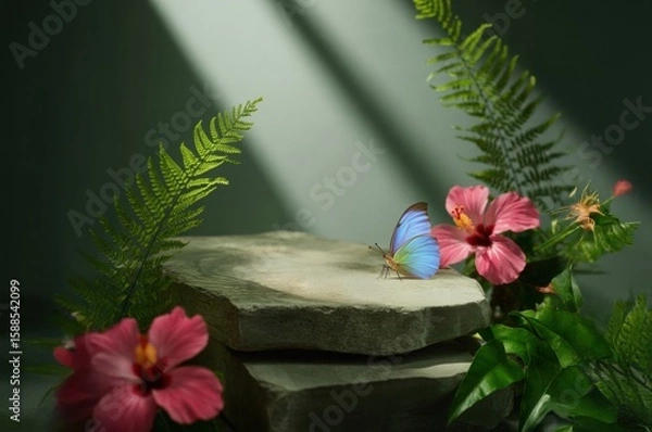 Fototapeta outdoor mockup copy space for environmentally friendly products in the forest. the pedestal made of stone and moss is real green. suitable for natural cosmetics or food or water