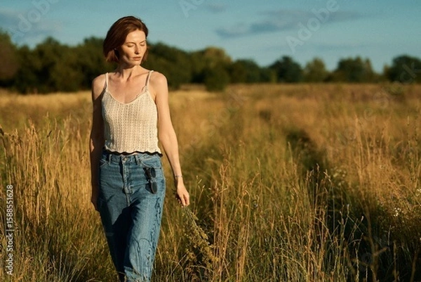 Fototapeta A woman walks through a field of tall grass on a sunny afternoon, enjoying a peaceful day.
