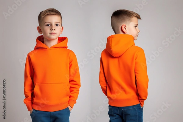 Obraz Front and back view of a young boy wearing an orange hoodie on a plain background, casual children’s fashion