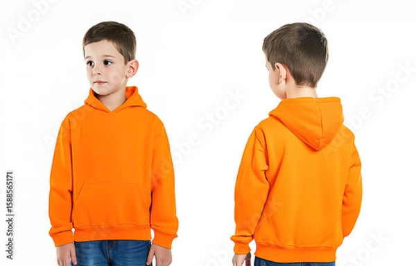 Obraz Front and back view of a young boy wearing an orange hoodie on a plain background, casual children’s fashion