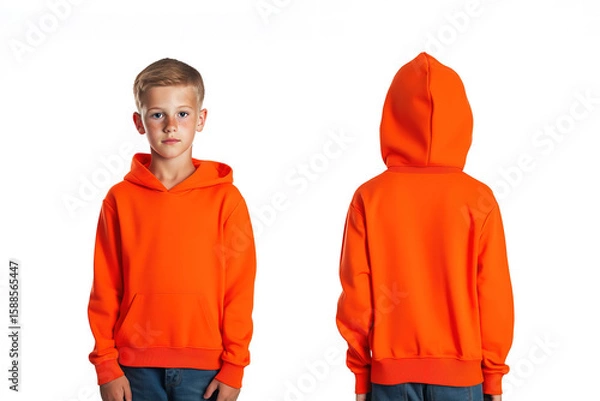 Obraz Front and back view of a young boy wearing an orange hoodie on a plain background, casual children’s fashion
