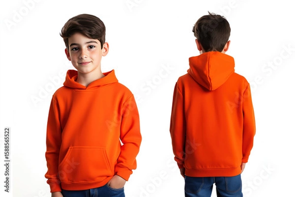 Obraz Front and back view of a young boy wearing an orange hoodie on a plain background, casual children’s fashion