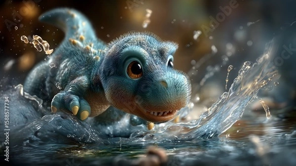Fototapeta Fuzzy t-rex cub splashing in clear water