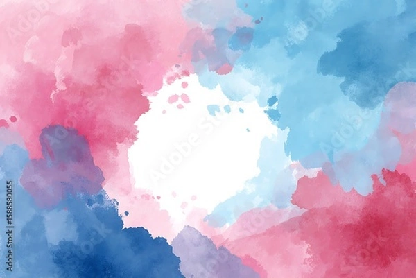 Fototapeta Soft pastel watercolor background in pink and blue tones with white blank center space for text, minimal flat vector design.