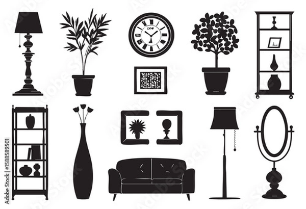 Fototapeta Home furniture silhouette set featuring sofa, chair, table, bed, wardrobe, and lamp, perfect for interior design themes, clean black vector shapes on white background, ideal for posters, icons, infogr