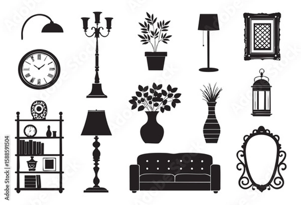 Fototapeta Home furniture silhouette set with sofa, armchair, bed, desk, dining table, wardrobe, and lamp, ideal for interior design projects, bold black shapes on white background, perfect for icons, posters, i
