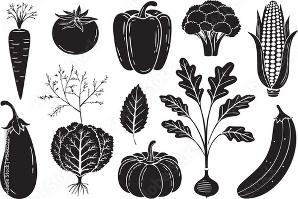 Fototapeta Vegetable silhouette set featuring carrot, tomato, onion, broccoli, pepper, and pumpkin, perfect for food, farming, and market themes, bold black vector shapes on white background, ideal for posters, 