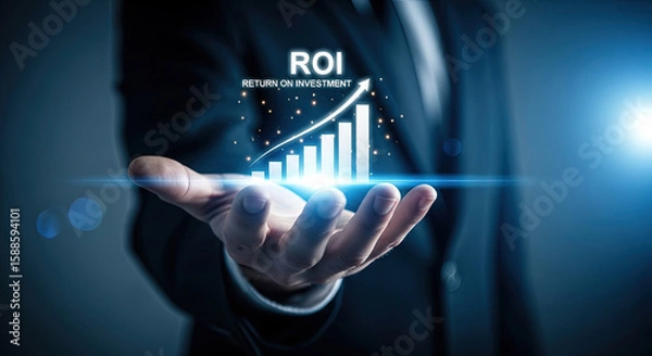 Fototapeta Businessman Holding ROI Growth Chart: Return on Investment Concept for Financial Success, Business Strategy, and Positive Performance in Finance Sector