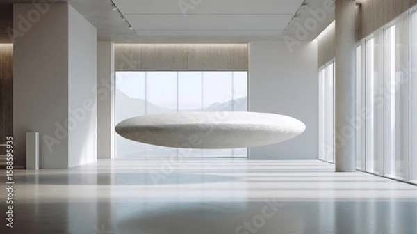 Fototapeta Smooth Pebble Shape Levitating Above White Floor.