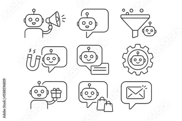 Fototapeta Marketing automation line icon set. chatbots, automation, analytics, emails collection