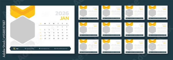 Fototapeta Desk calendar template 2026, Minimalist desk calendar 2026 template. New year 2026 table calendar design, Week start on Sunday.