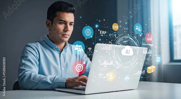 Fototapeta Man Analyzing Business Data with AI on Laptop: Enterprise Resource Planning, Financial Growth, and Modern Technology for Success in Business World