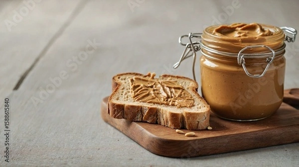 Fototapeta Jar of Peanut Butter with Toasted Bread on Wooden Board