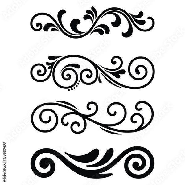 Fototapeta Collection of four elegant black ornamental decorative scrollwork borders with swirls and dots, flourishes dividers, Vintage Filigree ornament stroke scroll design