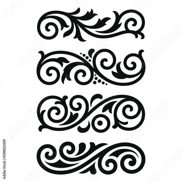 Fototapeta Collection of four elegant black ornamental decorative scrollwork borders with swirls and dots, flourishes dividers, Vintage Filigree ornament stroke scroll design