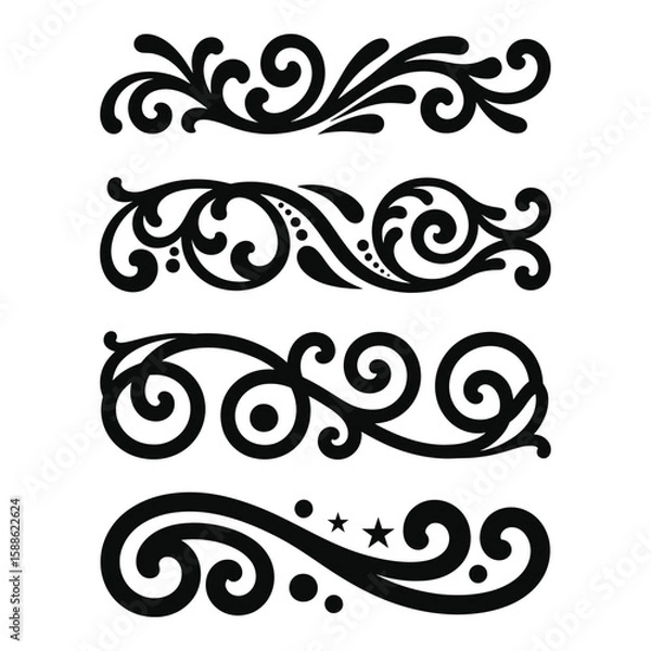 Fototapeta Collection of four elegant black ornamental decorative scrollwork borders with swirls and dots, flourishes dividers, Vintage Filigree ornament stroke scroll design