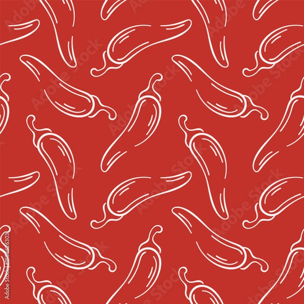 Obraz Seamless pattern of red chili pepper in line art style on red background. Perfect for spice package, kitchen wallpaper and culinary book.