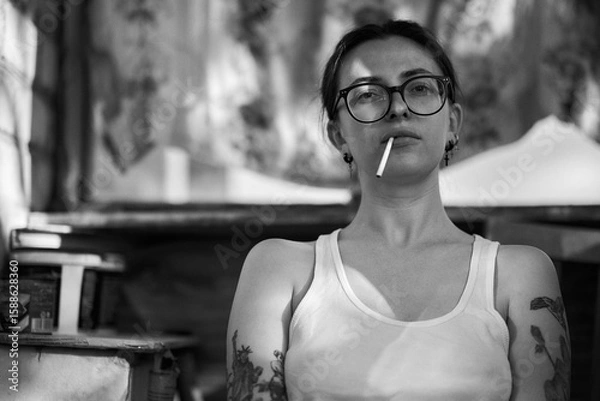 Fototapeta A woman with a cigarette strikes a pose in a black and white portrait.