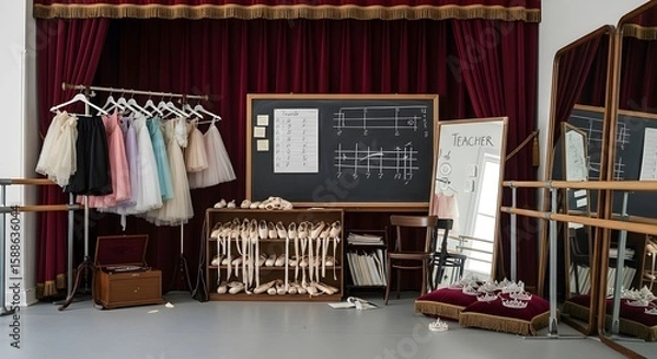 Fototapeta Ballet studio scene with costumes on a rack, pointe shoes, a chalkboard, and a mirror, creating a backstage atmosphere.