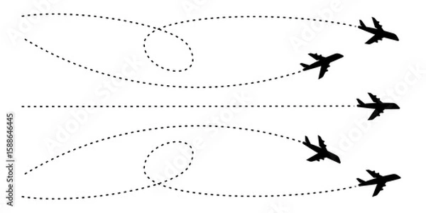 Fototapeta Airplane with dotted line route. flying plane with twisted, curved and straight dashed trace path. Vector illustration for infographics, maps, tracks	