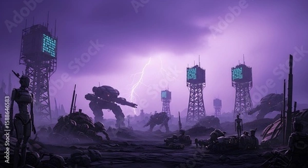 Fototapeta Futuristic landscape with robots, towers displaying QR codes, and a lightning strike in a purple-toned, atmospheric setting.