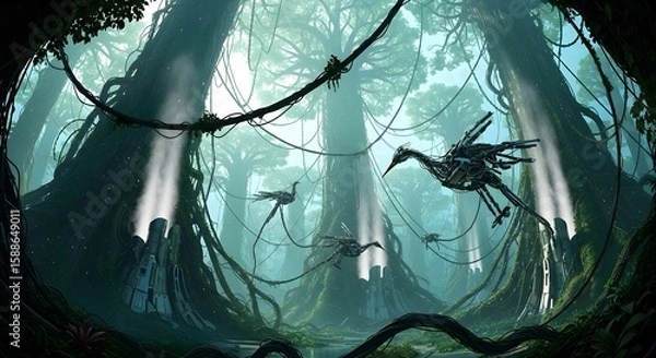 Fototapeta Fantasy forest scene featuring robotic birds flying among tall trees with exposed roots and shafts of light.
