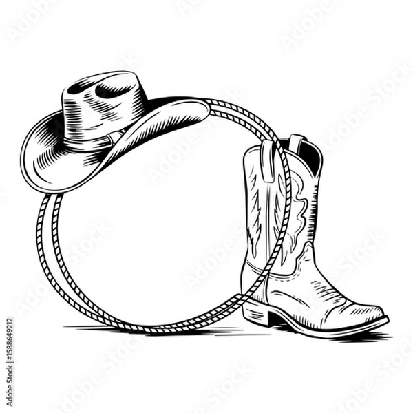 Fototapeta Vector Illustration Frame from rope lasso with cowboy boots and hat in engraving style. Design element for poster, card, banner, sign