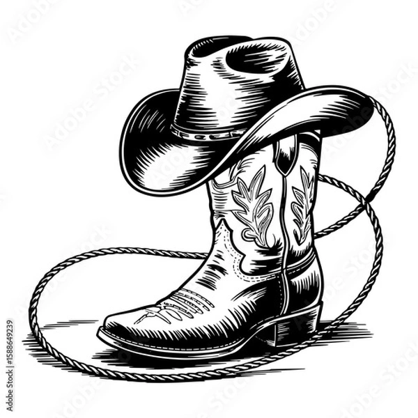 Fototapeta Vector Illustration Frame from rope lasso with cowboy boots and hat in engraving style. Design element for poster, card, banner, sign
