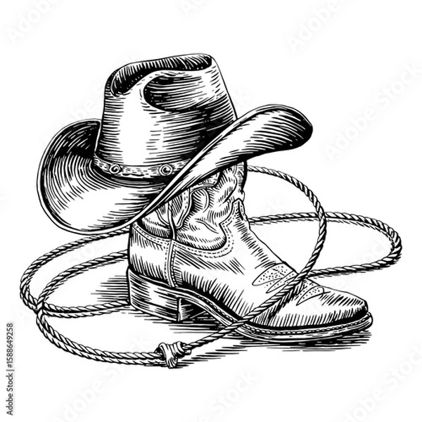 Fototapeta Vector Illustration Frame from rope lasso with cowboy boots and hat in engraving style. Design element for poster, card, banner, sign