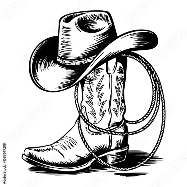 Fototapeta Vector Illustration Frame from rope lasso with cowboy boots and hat in engraving style. Design element for poster, card, banner, sign
