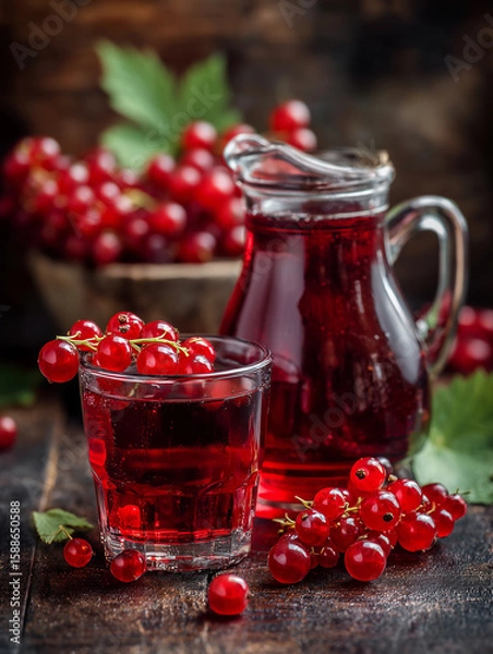 Fototapeta Redcurrant juice with fresh redcurrants on rustic wooden table