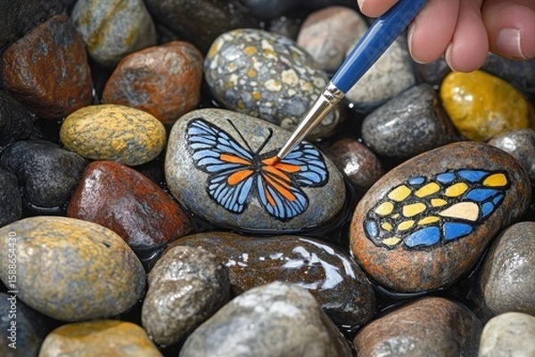 Fototapeta Hand Painting a Colorful Butterfly Design on Pebbles in Water