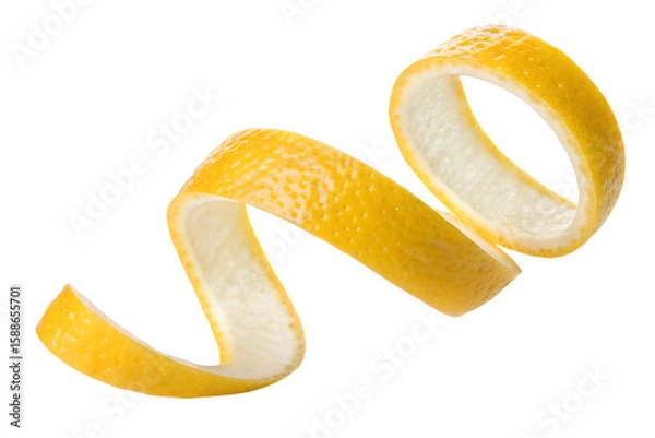 Fototapeta A bright yellow lemon peel spirals gracefully, appearing isolated and floating on a transparent background, perfect as a clean PNG image.
