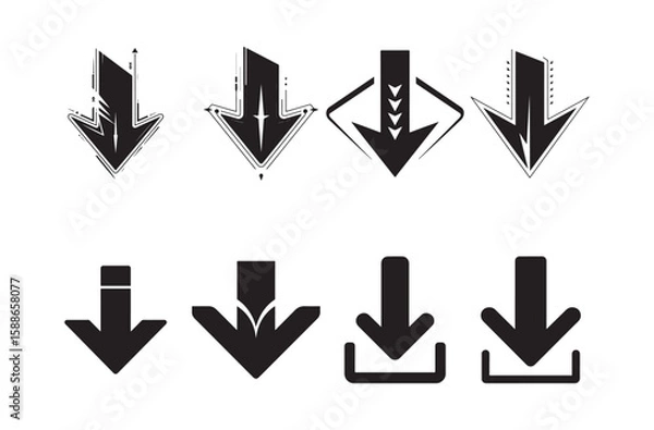 Fototapeta Black down arrows with varied designs and styles symbol graphic