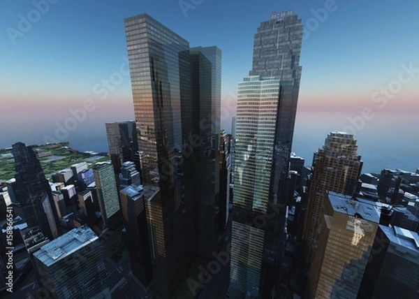 Fototapeta Beautiful view of the skyscrapers, modern city landscape, 3d rendering
