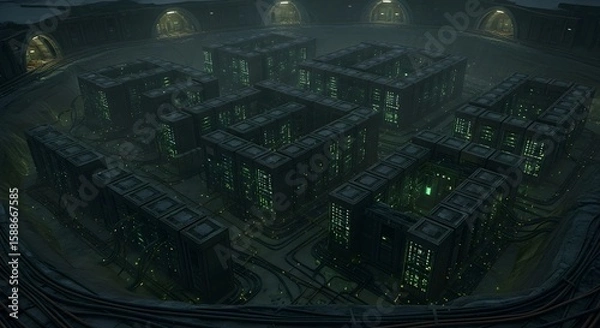 Fototapeta A top-down view of a dark, intricate, futuristic city complex, with numerous interconnected buildings.