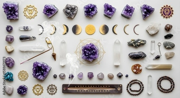 Fototapeta Flat lay arrangement of crystals, gemstones, and spiritual symbols on a white surface.