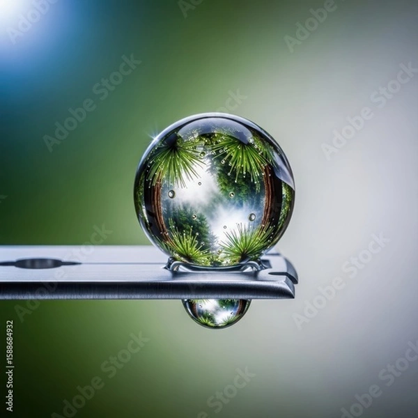 Fototapeta Serene forest landscape reflected in a water droplet on a razor blade; abstract nature photography.