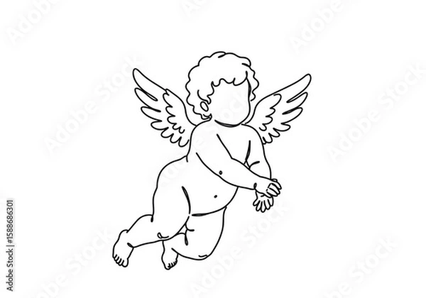 Fototapeta Cherub angel drawing. It is a black and white outline image of a cherub, a winged infant angel often associated with love and innocence. Vector sketch line art draw.