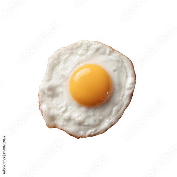 Fototapeta Fried egg on a white isolated background, showcasing a sunny side up with a rich yellow yolk and white fluffy edges, ideal for breakfast or cooking themed content.