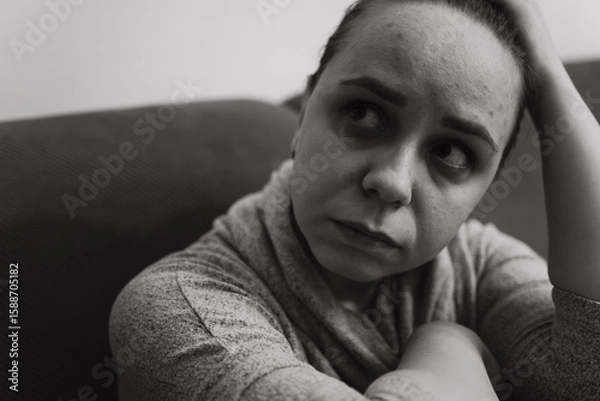 Fototapeta A woman sits on a couch in a dimly lit room her expression thoughtful and contemplative She rests her head in one hand while hugging her knees lost in deep reflection